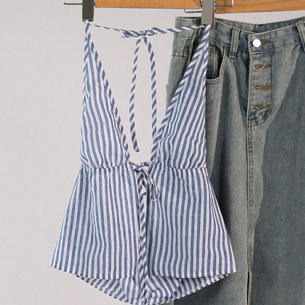 Blue white Casual Women's Striped Halter Neck Tie Cami Top